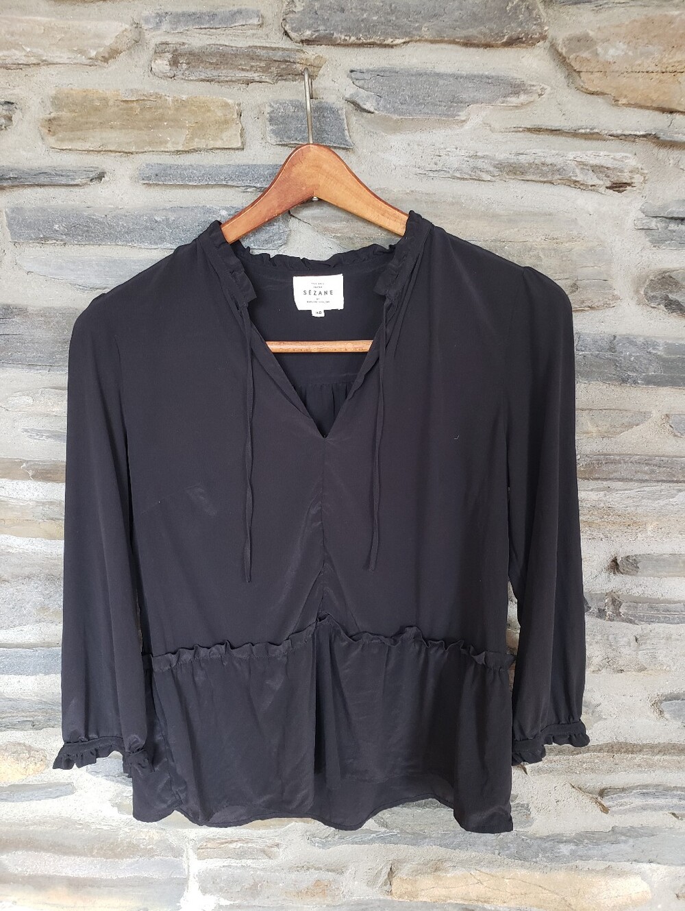 Sezane Black Silk Blouse Ryffle Detail 38/6